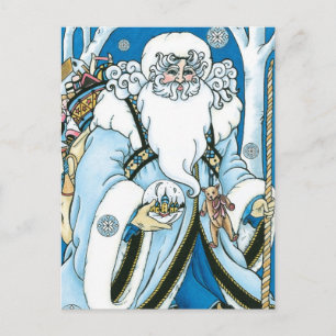 Vintage jul, Blue Jultomten med Snowglobe Helg Vykort