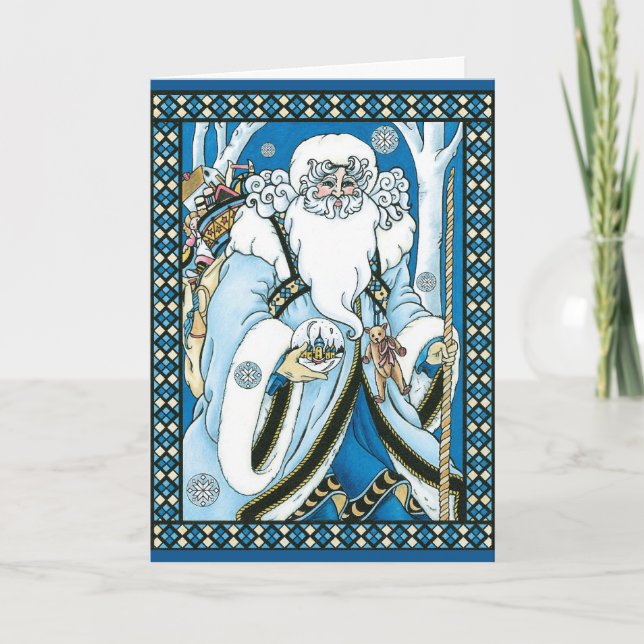 Vintage jul, Blue Jultomten med Snowglobe Helgkort (Framsida)