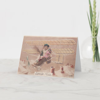 Vintage jul Boy Flies Airship Fantasy Helgkort
