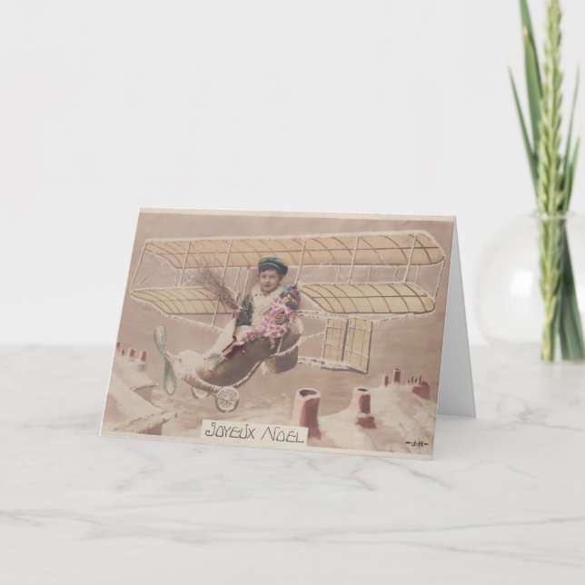 Vintage jul Boy Flies Airship Fantasy Helgkort (Framsida)