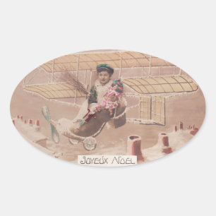 Vintage jul Boy Flies Airship Fantasy Ovalt Klistermärke