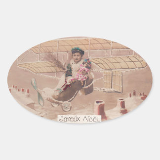 Vintage jul Boy Flies Airship Fantasy Ovalt Klistermärke