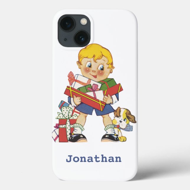 Vintage jul, Boy med Presenter och Puppy Hund (Baksida)