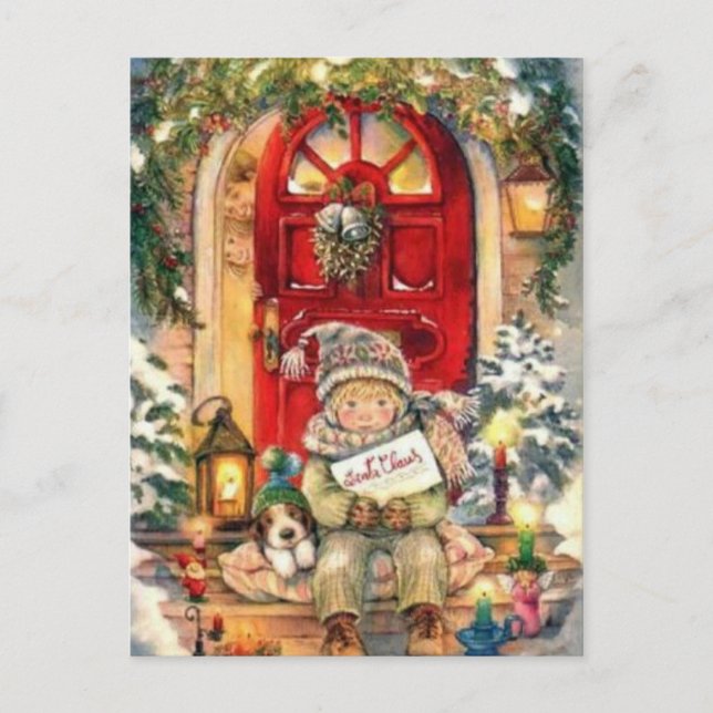 Vintage jul Boy och Hund Helg Vykort (Framsida)