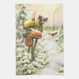 Vintage jul, brevlådor i vinterlandskap  kökshandduk