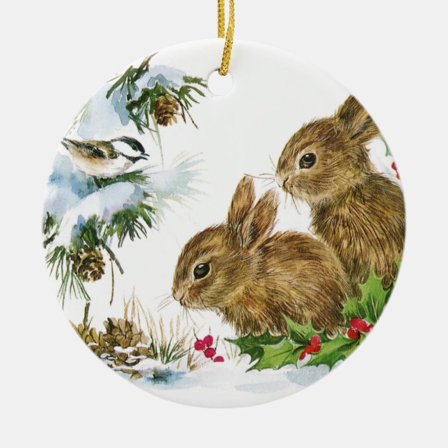 Vintage jul Bunnies Julgransprydnad Keramik (Framsidan)
