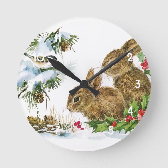 Vintage jul Bunnies Rund Klocka (Framsida)