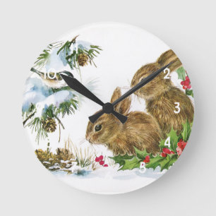 Vintage jul Bunnies Rund Klocka