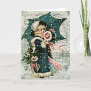 Vintage jul Card Girl with Parbrella Helgkort