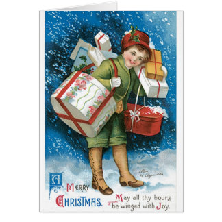 Vintage jul Card Snö Boy Gifts Presenter Hälsningskort