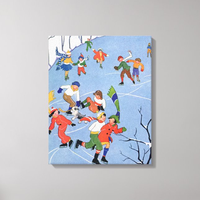 Vintage jul, Children Ice Skating på Sjö Canvastryck (Framsida)