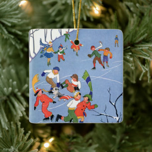 Vintage jul, Children Ice Skating på Sjö Julgransprydnad Keramik