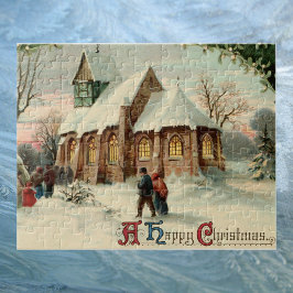 Vintage jul Church Parishioners in Dawn Mass Pussel