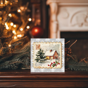 Vintage jul Cottage Postage Frimärke Julkort