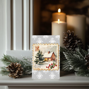 Vintage jul Cottage Postage Frimärke Kort