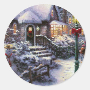 Vintage jul Cottage Snö Scene Runt Klistermärke