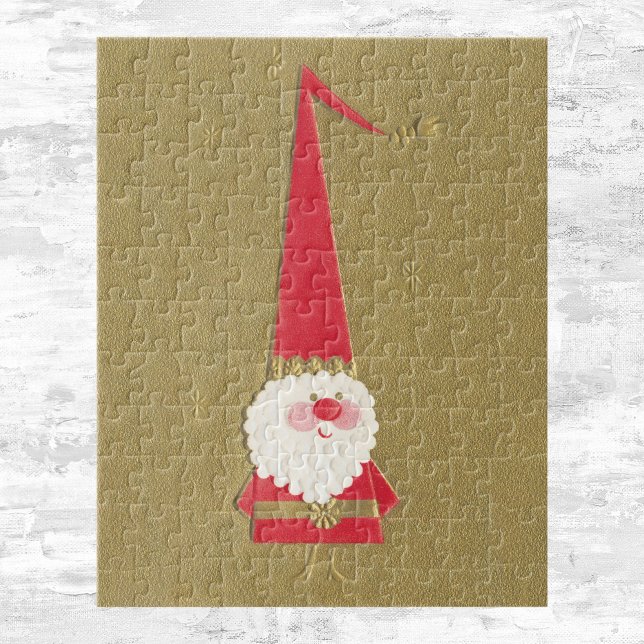 Vintage jul, Cute Jultomten Gnome på Guld Pussel (Skapare uppladdad)