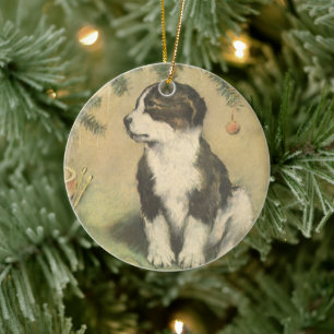 Vintage jul, Cute Puppy under Julgran Julgransprydnad Keramik