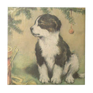 Vintage jul, Cute Puppy under Julgran Kakelplatta