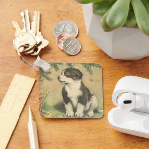 Vintage jul, Cute Puppy under Julgran Nyckelring