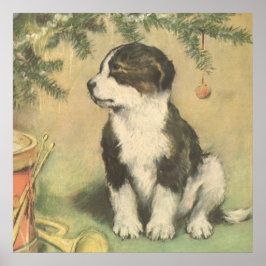 Vintage jul, Cute Puppy under Julgran Poster