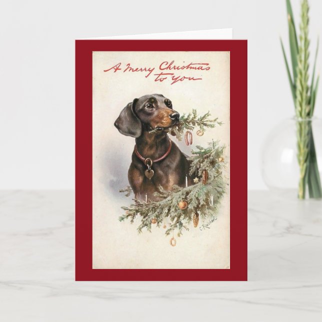 Vintage jul Dachshund, Hund Helgkort (Framsida)