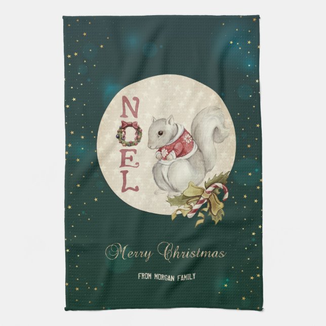 Vintage jul ekorre, Snöflingor Kökshandduk (Vertikal)