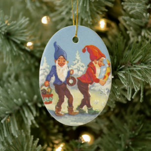 Vintage jul, Elves i Snö-skogsvaktaren Julgransprydnad Keramik
