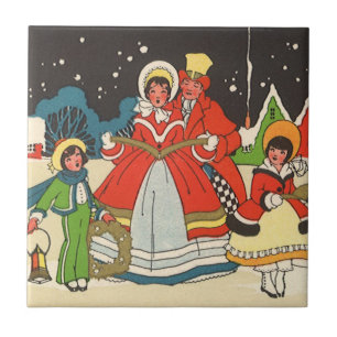 Vintage jul, en familj som sjunger julsånger kakelplatta