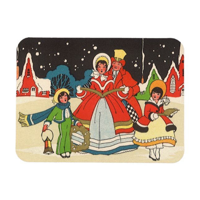Vintage jul, en familj som sjunger julsånger magnet (Horisontell)