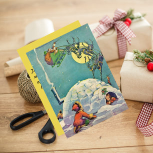 Vintage jul Eskimo Igloo Santa Flies Julkort