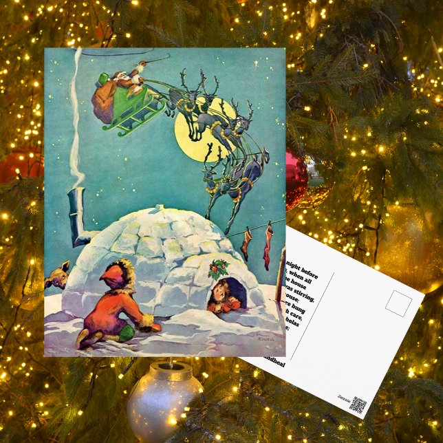 Vintage jul Eskimo Igloo Santa Flies Vykort (Skapare uppladdad)