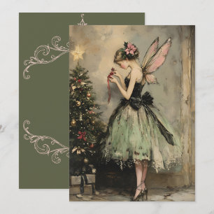 Vintage jul Fairy in Grönt Decoration Träd Julkort
