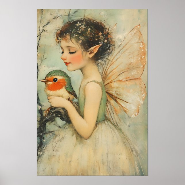 Vintage jul Fairy med Robin Whimsical Poster (Framsidan)