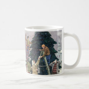 Vintage jul, familjen sätter upp ljus på trädet kaffemugg