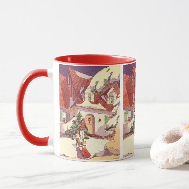 Vintage jul, familjens hus i snö mugg (Med munk)