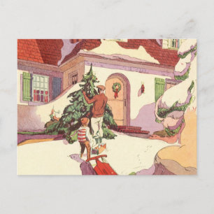 Vintage jul, familjhus i snö helg vykort