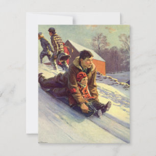 Vintage jul, far och dotter åker släde julkort