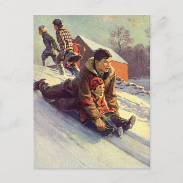 Vintage jul, Far och Sledding Helg Vykort (Framsida)