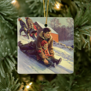 Vintage jul, Far och Sledding Julgransprydnad Keramik
