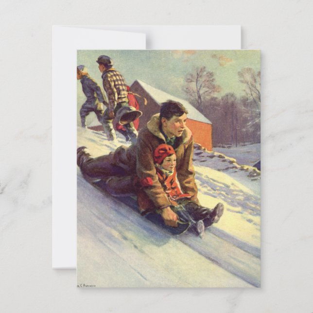 Vintage jul, Far och Sledding Julkort (Framsida)