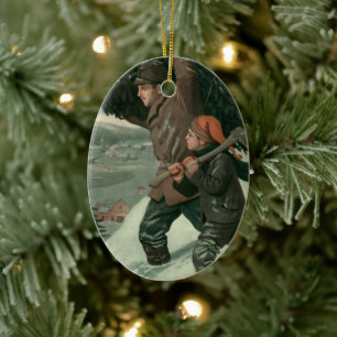 Vintage jul, far och son fäller ett träd julgransprydnad keramik