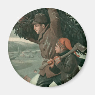 Vintage jul, far och son fäller ett träd magnet