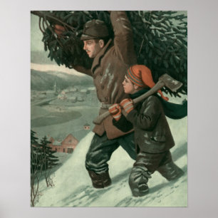 Vintage jul, Far och son har klippt ned i Träd Poster