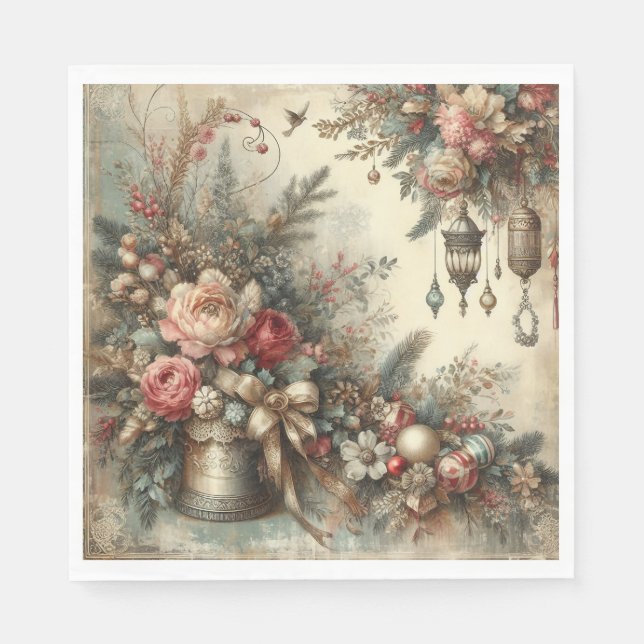Vintage jul firande blomster servett (Framsidan)