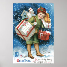 Vintage jul, flicka med gåvor i Winter Snö Poster