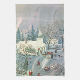 Vintage jul, folk ska till kyrkan i Snö Kökshandduk