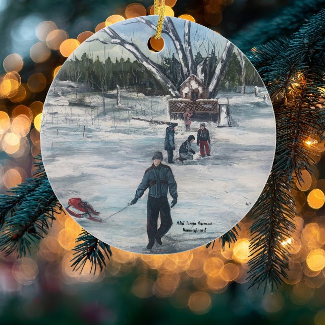 Vintage jul - första snöFall Julgransprydnad Keramik (CLASSIC WINTER CHRISTMAS SCENE)