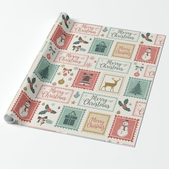 Vintage jul frimärkermönster presentpapper (Utrullad)