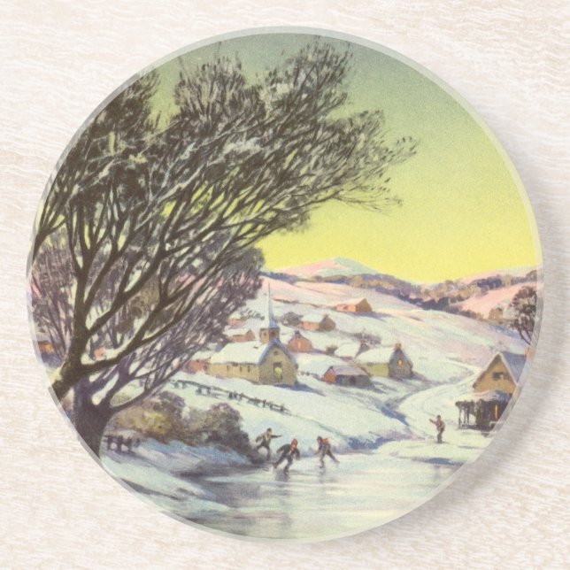 Vintage jul,  Frusen sjö med ishockeyspelare Underlägg Sandsten (Framsidan)